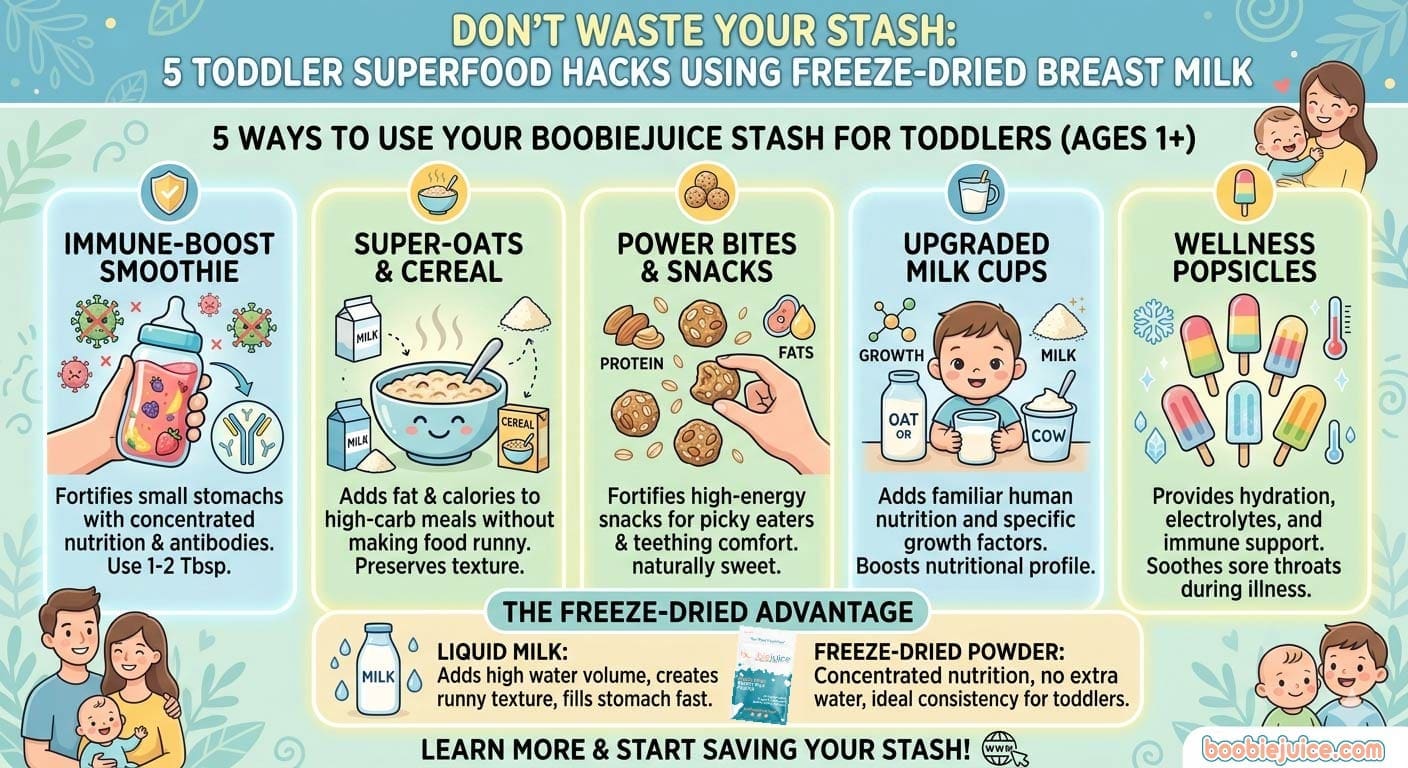 Infographic showing 5 ways to use freeze-dried breast milk for toddlers including smoothies, oatmeal, and popsicles.