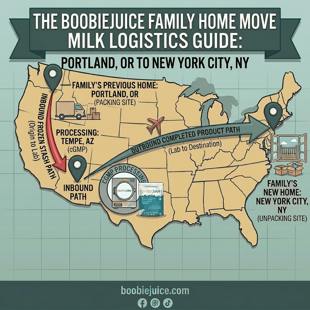 A cross-country family move logistics map for shipping frozen breast milk. The infographic shows an inbound frozen stash path traveling from a family's previous home in Portland, Oregon, down to the BoobieJuice cGMP processing lab in Tempe, Arizona. From there, an outbound path routes the final shelf-stable breast milk powder safely to the family's new home and unpacking site in New York City, New York.