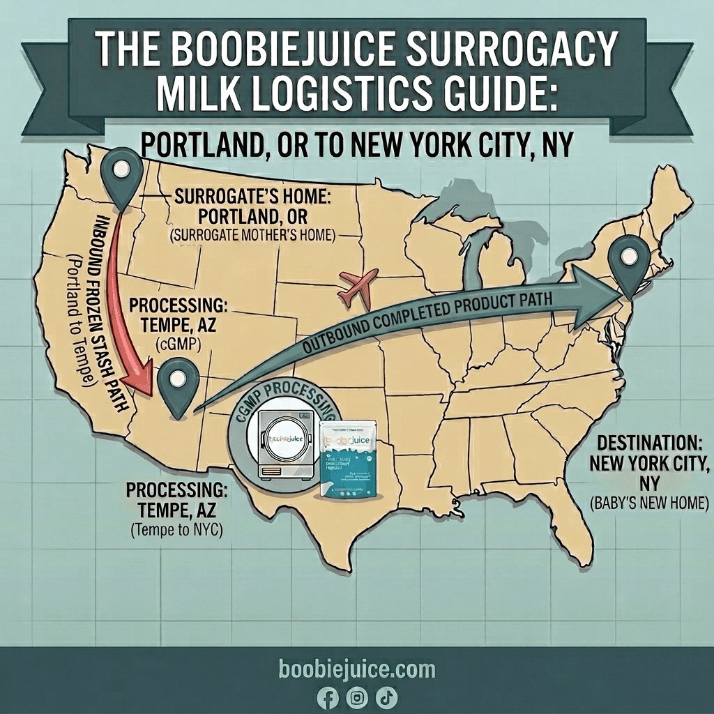 A logistics map detailing the surrogacy breast milk shipping process across the USA. An inbound frozen stash path travels from a surrogate mother's home in Portland, Oregon, to the BoobieJuice cGMP freeze-drying center in Tempe, Arizona, and a matching outbound path safely routes the shelf-stable powder to the baby's new home in New York City, New York