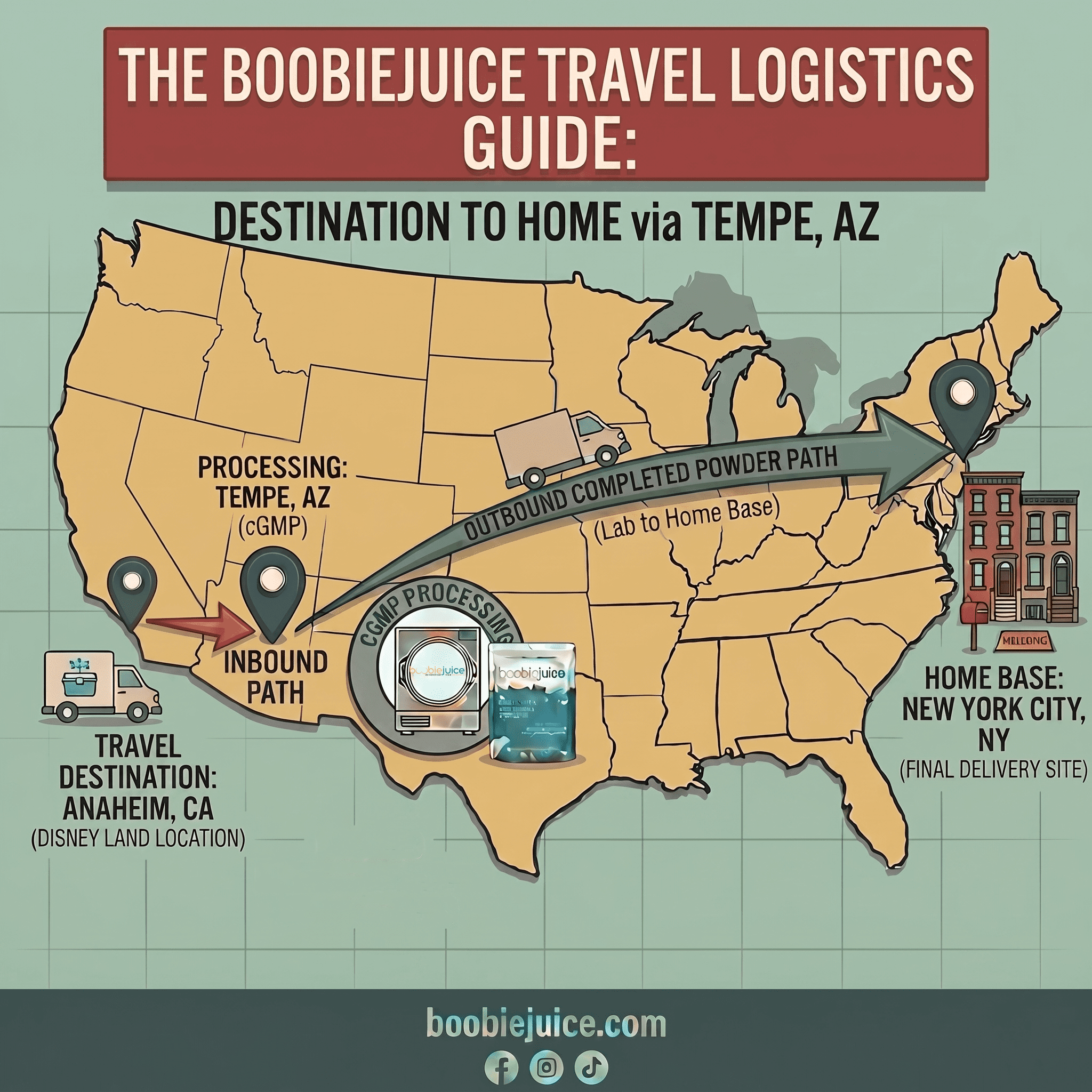 A detailed infographic map of the United States outlining the BoobieJuice Travel Logistics Guide. A banner at the top reads "THE BOOBIEJUICE TRAVEL LOGISTICS GUIDE: DESTINATION TO HOME via TEMPE, AZ." Red arrows show an 'INBOUND PATH' of breast milk starting from a delivery van in Anaheim, CA (Disneyland Location) to a processing facility in Tempe, AZ. A circular inset for "cGMP PROCESSING" shows freeze-drying equipment and a pouch, with text "OUTBOUND COMPLETED POWDER PATH." A large green arrow labeled "(Lab to Home Base)" maps the final journey of the freeze-dried milk powder from Tempe, AZ to New York City, NY (Final Delivery Site), illustrated by classic brownstone buildings and a "WELCOME" sign. The guide visualizes a seamless milk transport service for traveling parents.